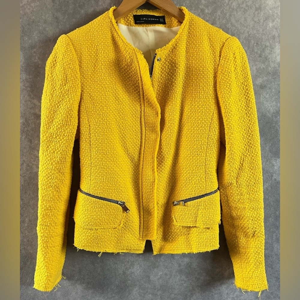 Zara tweed textured jacket / moto cut, brilliant yellow gold S